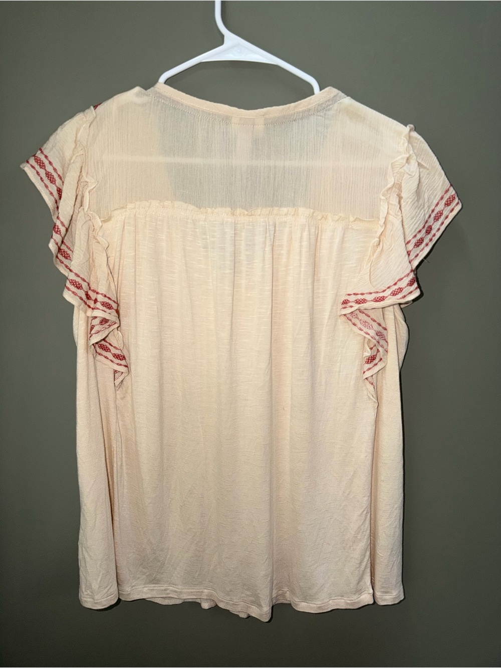 Knox Rose Cream Blouse with Dark Red Embroidery and Ruffled Sleeves sz L New - Picture 5 of 6